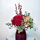 Bordo Vazoda Kırmızı Gül Cymbidium Aranjman