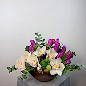 Sepia Kahve Vazoda Mor Laleler ve Simbidyum