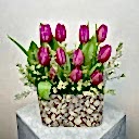 Motifli Taş Vazoda Mor Laleler