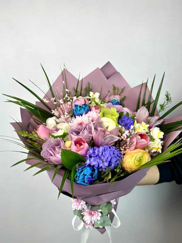 Lila Mor Gül Sümbül Buketi